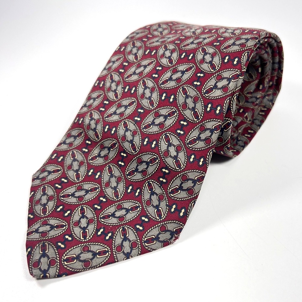 VTG Christian Dior Monsieur Mens Luxury Tie Burgundy-Gray Geometric Design Silk